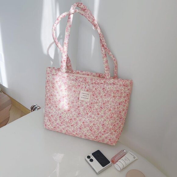 Women Floral Quilted Tote Bag Small Zipper Purse for Work Travel School - Picture 6 of 6